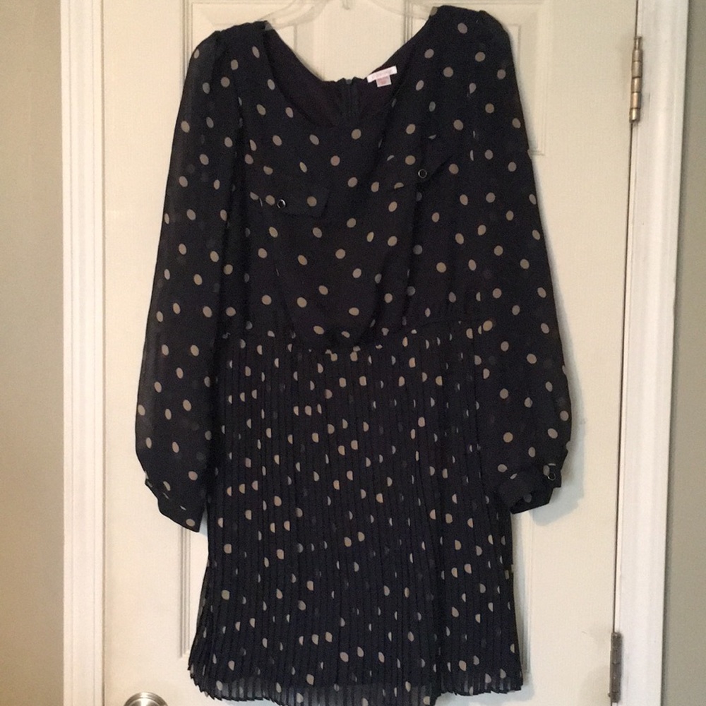 Navy and beige polka dot dress